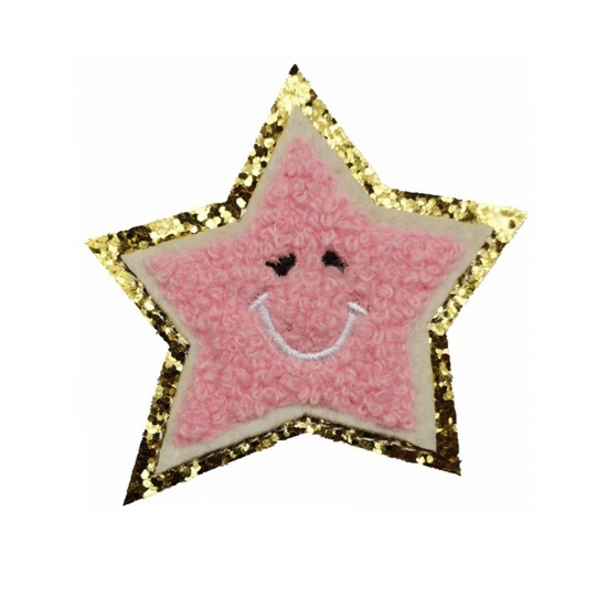 Picture of Fabric Galaxy Iron On Patches Appliques (With Glue Back) Craft Pink Star Smile 6.5cm x 6.5cm, 5 PCs