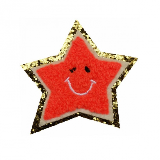 Picture of Fabric Galaxy Iron On Patches Appliques (With Glue Back) Craft Orange Star Smile 6.5cm x 6.5cm, 5 PCs