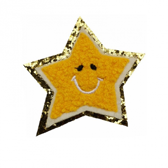 Picture of Fabric Galaxy Iron On Patches Appliques (With Glue Back) Craft Dark Yellow Star Smile 6.5cm x 6.5cm, 5 PCs