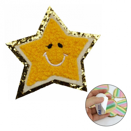 Picture of Fabric Galaxy Appliques Patches DIY Scrapbooking Craft Dark Yellow Star Smile Self Adhesive 6.5cm x 6.5cm, 5 PCs