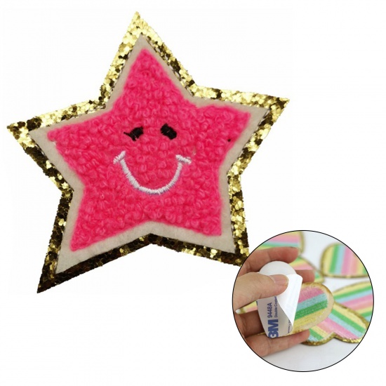 Picture of Fabric Galaxy Appliques Patches DIY Scrapbooking Craft Fuchsia Star Smile Self Adhesive 6.5cm x 6.5cm, 5 PCs