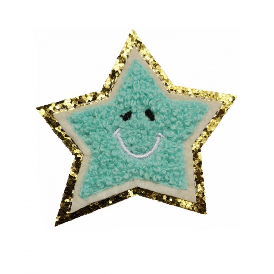 Picture of Fabric Galaxy Iron On Patches Appliques (With Glue Back) Craft Light Blue Star Smile 6.5cm x 6.5cm, 5 PCs