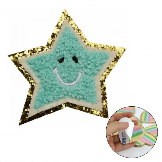 Picture of Fabric Galaxy Appliques Patches DIY Scrapbooking Craft Light Blue Star Smile Self Adhesive 6.5cm x 6.5cm, 5 PCs