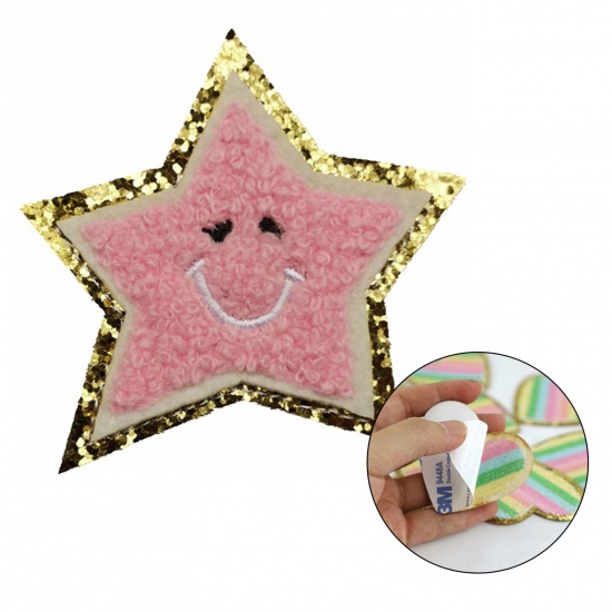 Picture of Fabric Galaxy Appliques Patches DIY Scrapbooking Craft Pink Star Smile Self Adhesive 6.5cm x 6.5cm, 5 PCs