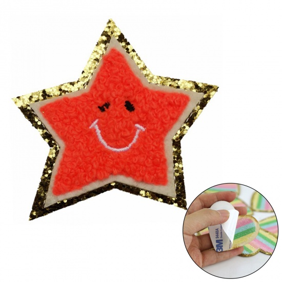 Picture of Fabric Galaxy Appliques Patches DIY Scrapbooking Craft Orange Star Smile Self Adhesive 6.5cm x 6.5cm, 5 PCs