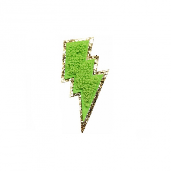 Picture of Fabric Weather Collection Iron On Patches Appliques (With Glue Back) Craft Green Lightning 7.8cm x 4.3cm, 5 PCs