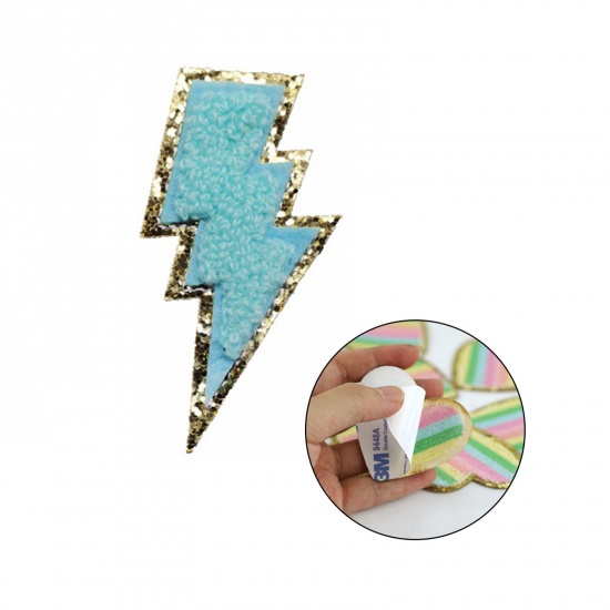 Picture of Fabric Weather Collection Appliques Patches DIY Scrapbooking Craft Light Blue Lightning Self Adhesive 7.8cm x 4.3cm, 5 PCs