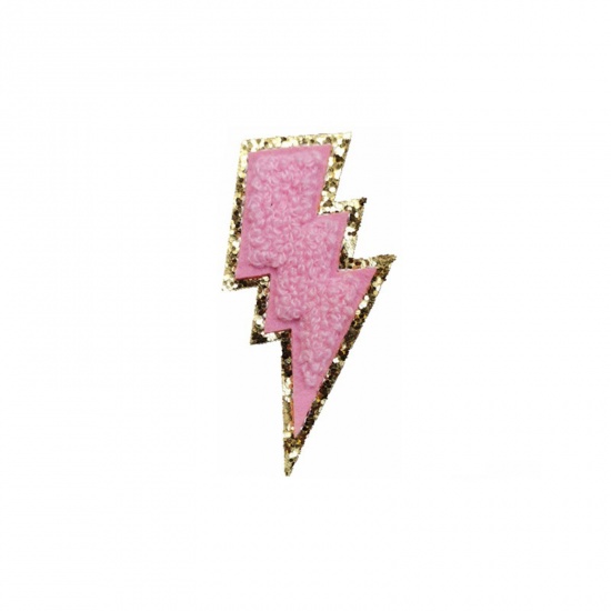 Picture of Fabric Weather Collection Iron On Patches Appliques (With Glue Back) Craft Pink Lightning 7.8cm x 4.3cm, 5 PCs