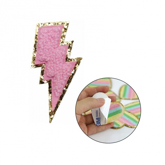 Picture of Fabric Weather Collection Appliques Patches DIY Scrapbooking Craft Pink Lightning Self Adhesive 7.8cm x 4.3cm, 5 PCs