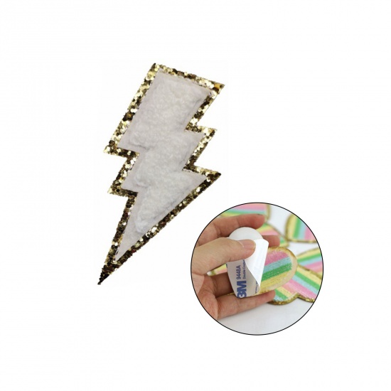 Picture of Fabric Weather Collection Appliques Patches DIY Scrapbooking Craft White Lightning Self Adhesive 7.8cm x 4.3cm, 5 PCs