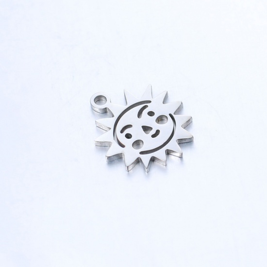 Picture of 304 Stainless Steel Charms Silver Tone Sun Smile Hollow 14mm x 12mm, 5 PCs