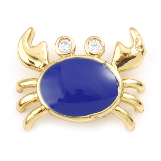 Picture of Copper Ocean Jewelry Charms Gold Plated Dark Blue Crab Animal Enamel Clear Rhinestone 16mm x 13mm, 1 Piece