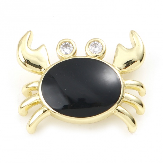 Picture of Copper Ocean Jewelry Charms Gold Plated Black Crab Animal Enamel Clear Rhinestone 16mm x 13mm, 1 Piece