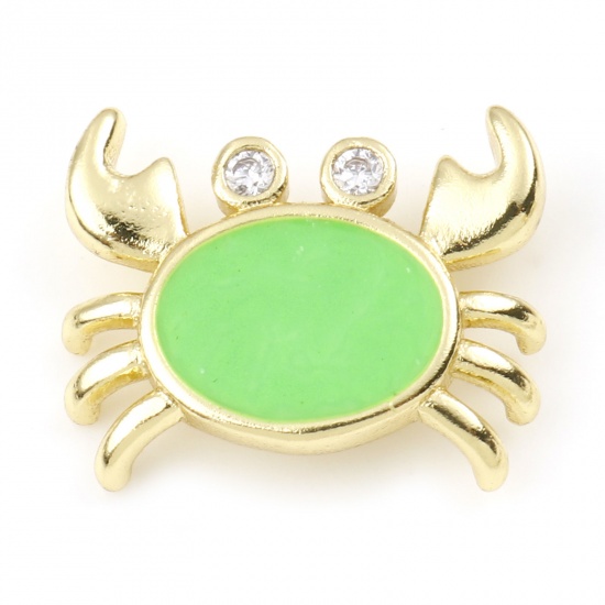Picture of Copper Ocean Jewelry Charms Gold Plated Green Crab Animal Enamel Clear Rhinestone 16mm x 13mm, 1 Piece