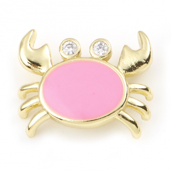 Picture of Copper Ocean Jewelry Charms Gold Plated Pink Crab Animal Enamel Clear Rhinestone 16mm x 13mm, 1 Piece