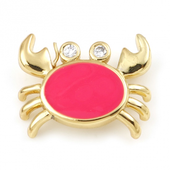 Picture of Copper Ocean Jewelry Charms Gold Plated Fuchsia Crab Animal Enamel Clear Rhinestone 16mm x 13mm, 1 Piece