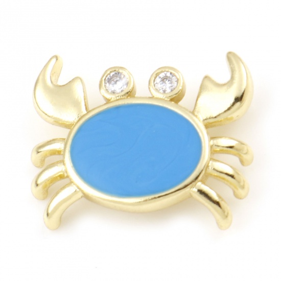 Picture of Copper Ocean Jewelry Charms Gold Plated Blue Crab Animal Enamel Clear Rhinestone 16mm x 13mm, 1 Piece