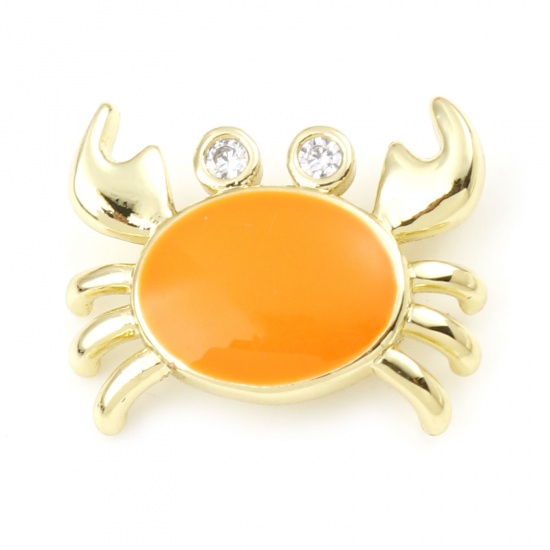 Picture of Copper Ocean Jewelry Charms Gold Plated Orange Crab Animal Enamel Clear Rhinestone 16mm x 13mm, 1 Piece