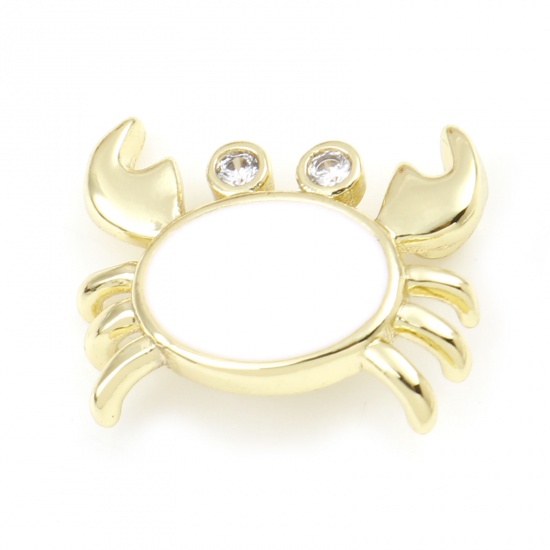 Picture of Copper Ocean Jewelry Charms Gold Plated White Crab Animal Enamel Clear Rhinestone 16mm x 13mm, 1 Piece