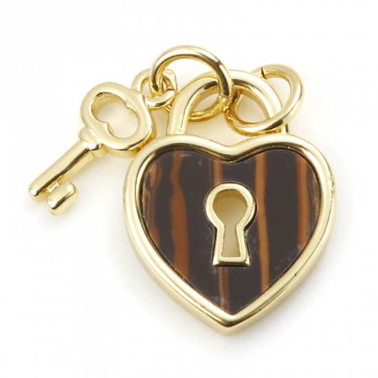 Image de Copper Valentine's Day Charms Gold Plated Brown Heart Lock With Synthetic Gemstone Cabochons 18mm x 12mm, 1 Piece