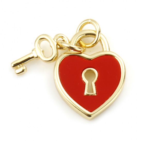 Image de Copper Valentine's Day Charms Gold Plated Red Heart Lock With Synthetic Gemstone Cabochons 18mm x 12mm, 1 Piece