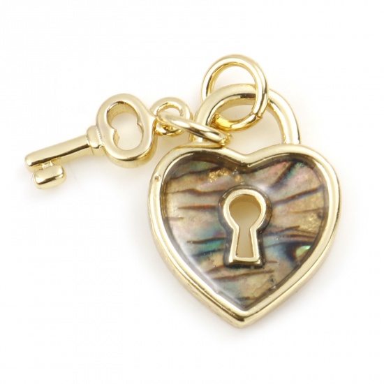 Picture of Copper & Shell Valentine's Day Charms Gold Plated Multicolor Heart Lock 16mm x 13mm, 1 Piece