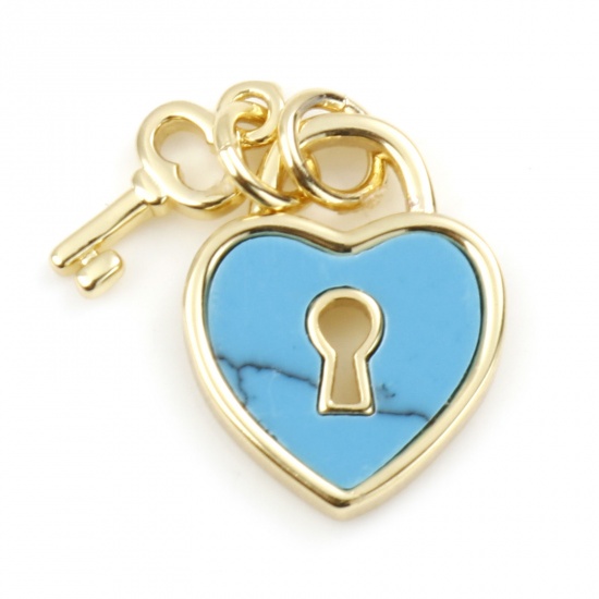 Image de Copper Valentine's Day Charms Gold Plated Blue Heart Lock With Synthetic Gemstone Cabochons 18mm x 12mm, 1 Piece
