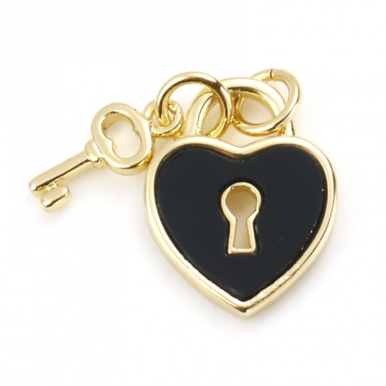 Picture of Copper & Synthetic Stone Valentine's Day Charms Gold Plated Black Heart Lock 18mm x 12mm, 1 Piece