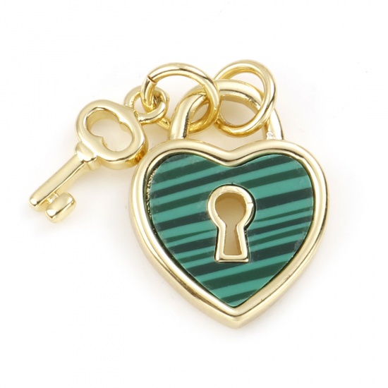 Image de Copper Valentine's Day Charms Gold Plated Green Heart Lock With Synthetic Gemstone Cabochons 18mm x 12mm, 1 Piece