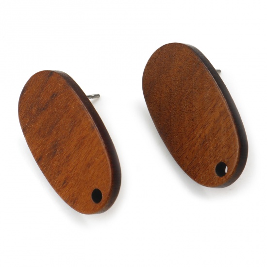 Picture of Wood Geometry Series Ear Post Stud Earrings Findings Oval Brown W/ Loop 27mm x 15mm, Post/ Wire Size: (21 gauge), 10 PCs