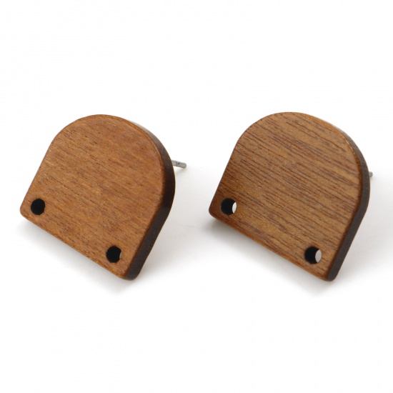 Picture of Wood Geometry Series Earring Accessories Findings Half Ellipse Brown W/ Loop 18mm x 16mm, 10 PCs