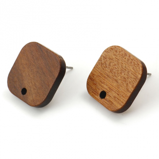 Picture of Wood Geometry Series Ear Post Stud Earrings Findings Square Brown W/ Loop 16mm x 16mm, Post/ Wire Size: (21 gauge), 10 PCs