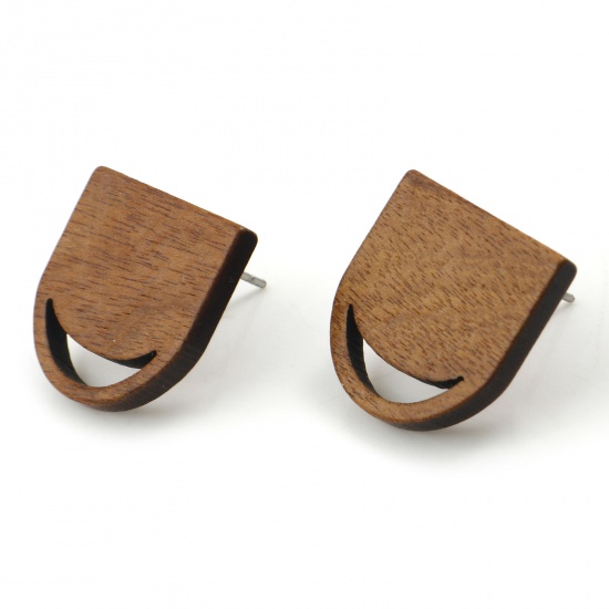 Picture of Wood Geometry Series Earring Accessories Findings Half Ellipse Brown W/ Loop 17mm x 17mm, 10 PCs