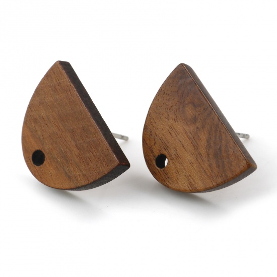 Picture of Wood Geometry Series Earring Accessories Findings Half Ellipse Brown W/ Loop 18mm x 13mm, 10 PCs