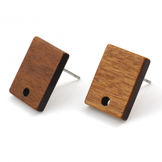 Picture of Wood Geometry Series Ear Post Stud Earrings Findings Rectangle Brown W/ Loop 15mm x 11mm, Post/ Wire Size: (21 gauge), 10 PCs