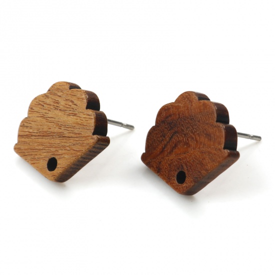 Picture of Wood Geometry Series Ear Post Stud Earrings Findings Fan-shaped Brown W/ Loop 17mm x 14mm, Post/ Wire Size: (21 gauge), 10 PCs