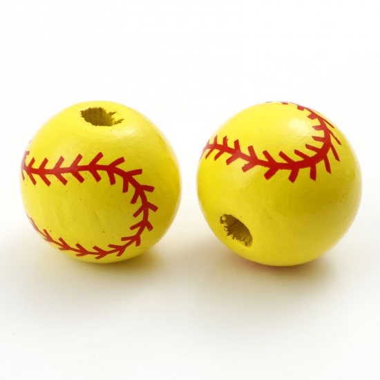 Picture of Wood Sport Spacer Beads Round Yellow Baseball About 16mm Dia., Hole: Approx 3mm, 20 PCs