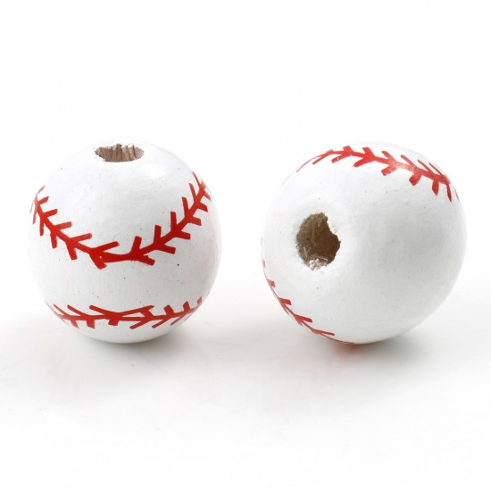 Picture of Wood Sport Spacer Beads Round White Baseball About 16mm Dia., Hole: Approx 3mm, 20 PCs