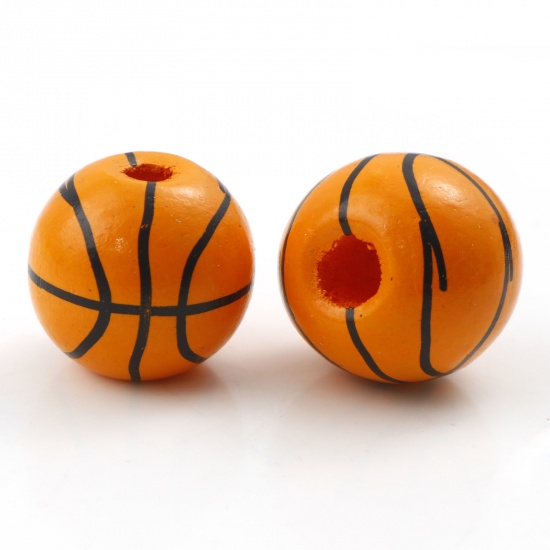 Picture of Wood Sport Spacer Beads Round Orange Basketball About 16mm Dia., Hole: Approx 3mm, 20 PCs