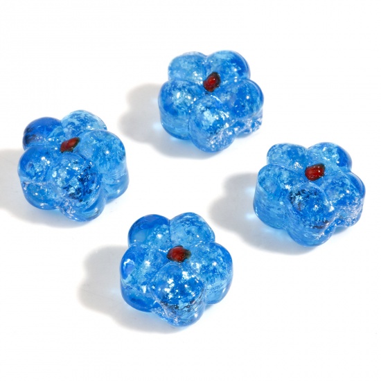 Picture of Lampwork Glass Flora Collection Beads Flower Aqua Blue Silver Lined About 15mm x 14mm, Hole: Approx 1mm, 10 PCs