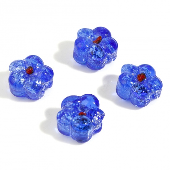Picture of Lampwork Glass Flora Collection Beads Flower Dark Blue Silver Lined About 15mm x 14mm, Hole: Approx 1mm, 10 PCs