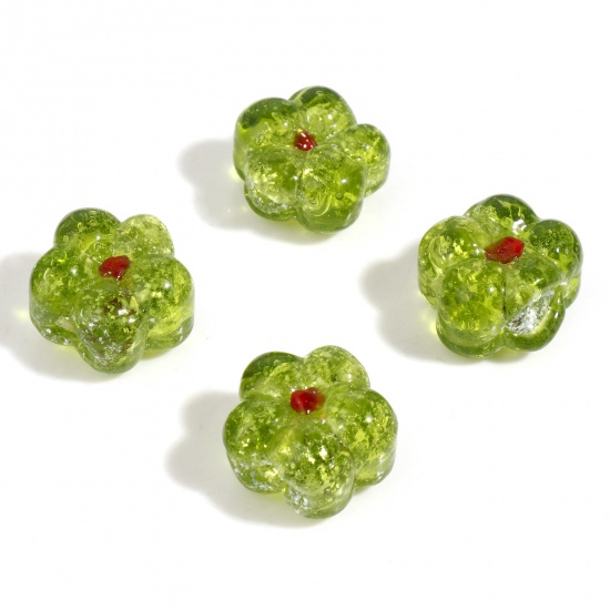 Bild von Lampwork Glass Flora Collection Beads Flower Grass Green Silver Lined About 15mm x 14mm, Hole: Approx 1mm, 10 PCs