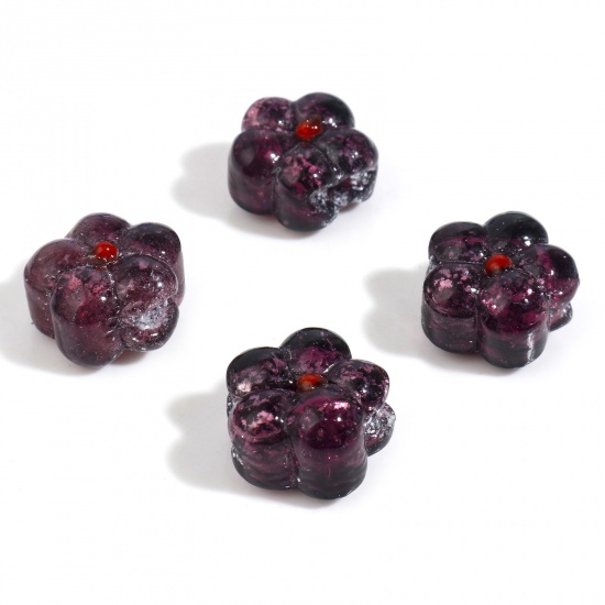 Picture of Lampwork Glass Flora Collection Beads Flower Purple Silver Lined About 15mm x 14mm, Hole: Approx 1mm, 10 PCs