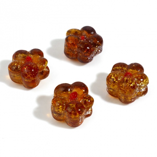 Picture of Lampwork Glass Flora Collection Beads Flower Tawny Silver Lined About 15mm x 14mm, Hole: Approx 1mm, 10 PCs
