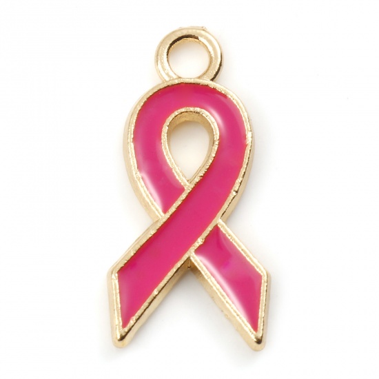 Picture of Zinc Based Alloy Charms Ribbon Gold Plated Fuchsia Enamel 21mm x 10mm, 20 PCs