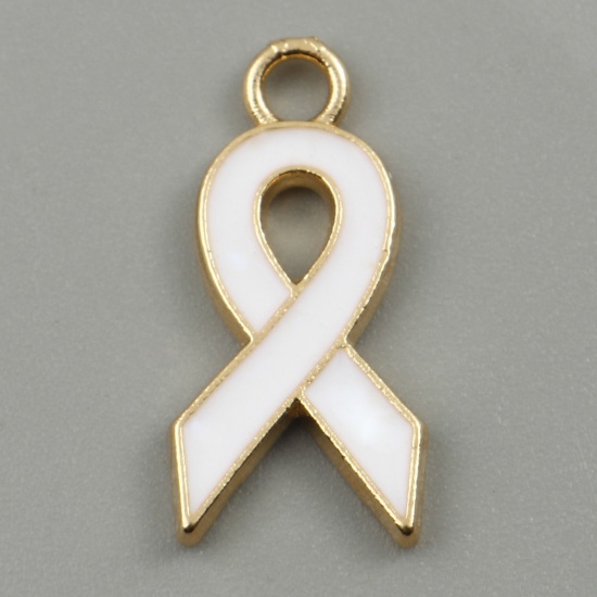 Picture of Zinc Based Alloy Charms Ribbon Gold Plated White Enamel 21mm x 10mm, 20 PCs