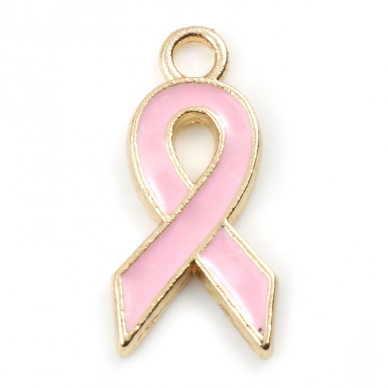 Picture of Zinc Based Alloy Charms Ribbon Gold Plated Pink Enamel 21mm x 10mm, 20 PCs