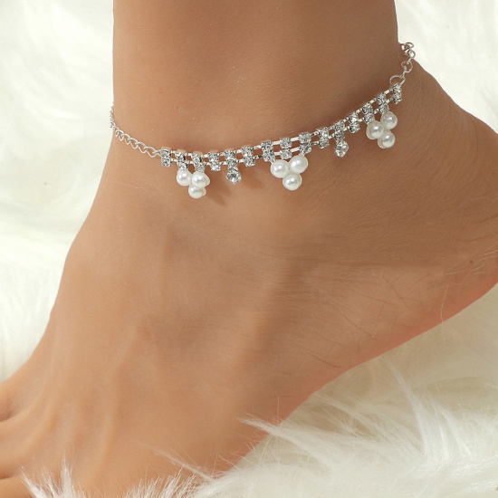 Image de Copper Exquisite Anklet Triangle Tassel Silver Plated Imitation Pearl Clear Rhinestone 22.5cm(8 7/8") long, 1 Piece