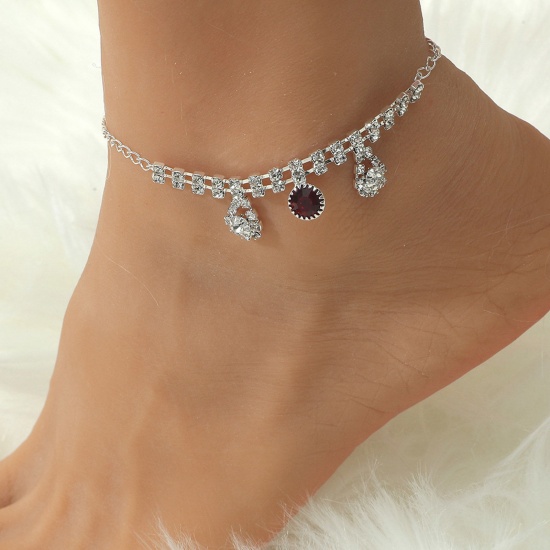 Image de Copper Exquisite Anklet Round Tassel Silver Plated Clear Rhinestone Wine Red Cubic Zirconia 22.5cm(8 7/8") long, 1 Piece