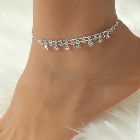 Image de Copper Exquisite Anklet Tassel Silver Plated Clear Rhinestone 22.5cm(8 7/8") long, 1 Piece